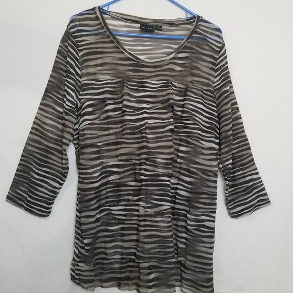 Tribal Animal Print Sheer Layered Ruffle Top 3/4 Slv Scp Neck Black Gray Sz XXL - Picture 1 of 10